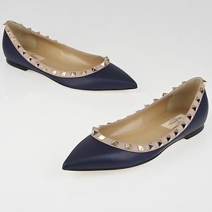Valentino Navy Blue Leather Rockstud Ballet Flats
